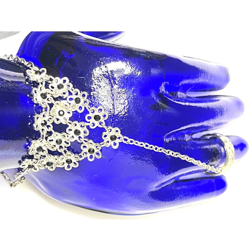 Pre-Owned Silver and Black Rhinestone Ring and Bracelet Combination